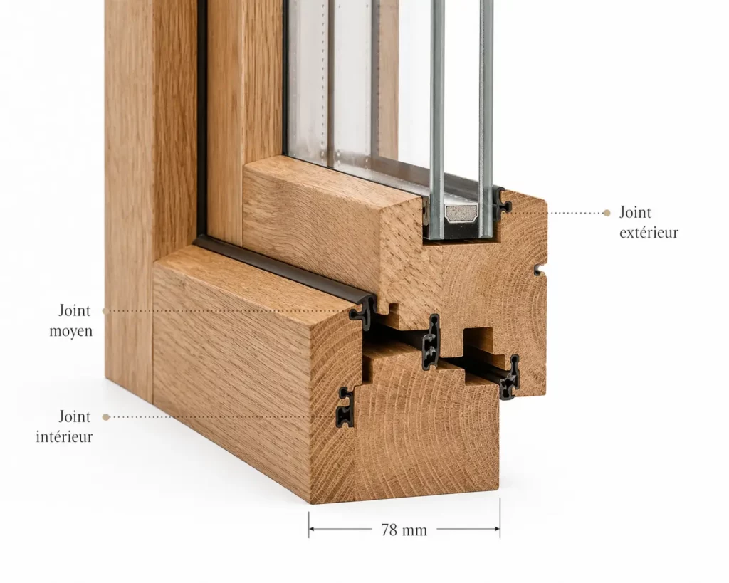 Coupe transversale d'un profil de fenêtre en bois de 78 mm montrant le système de triple étanchéité et l'isolation thermique.