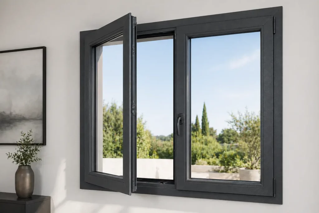Fenêtre battante en PVC gris anthracite texturé offrant une isolation thermique optimale et un design moderne.