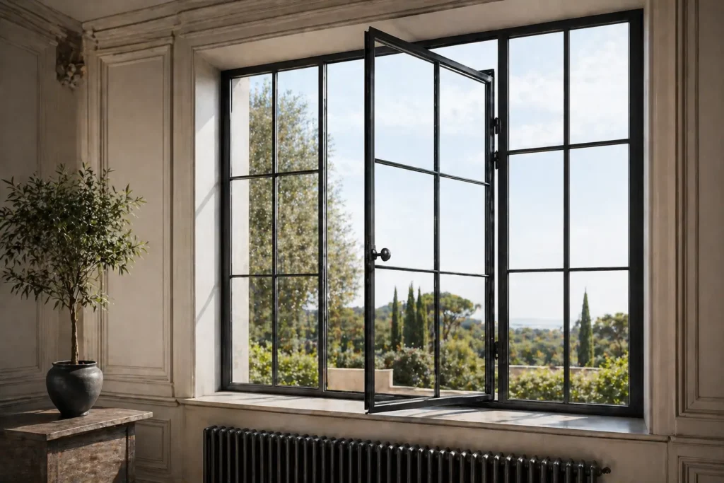 Fenêtre en acier aux profilés ultra-fins pour un style atelier d'artiste, alliant robustesse et élégance architecturale.