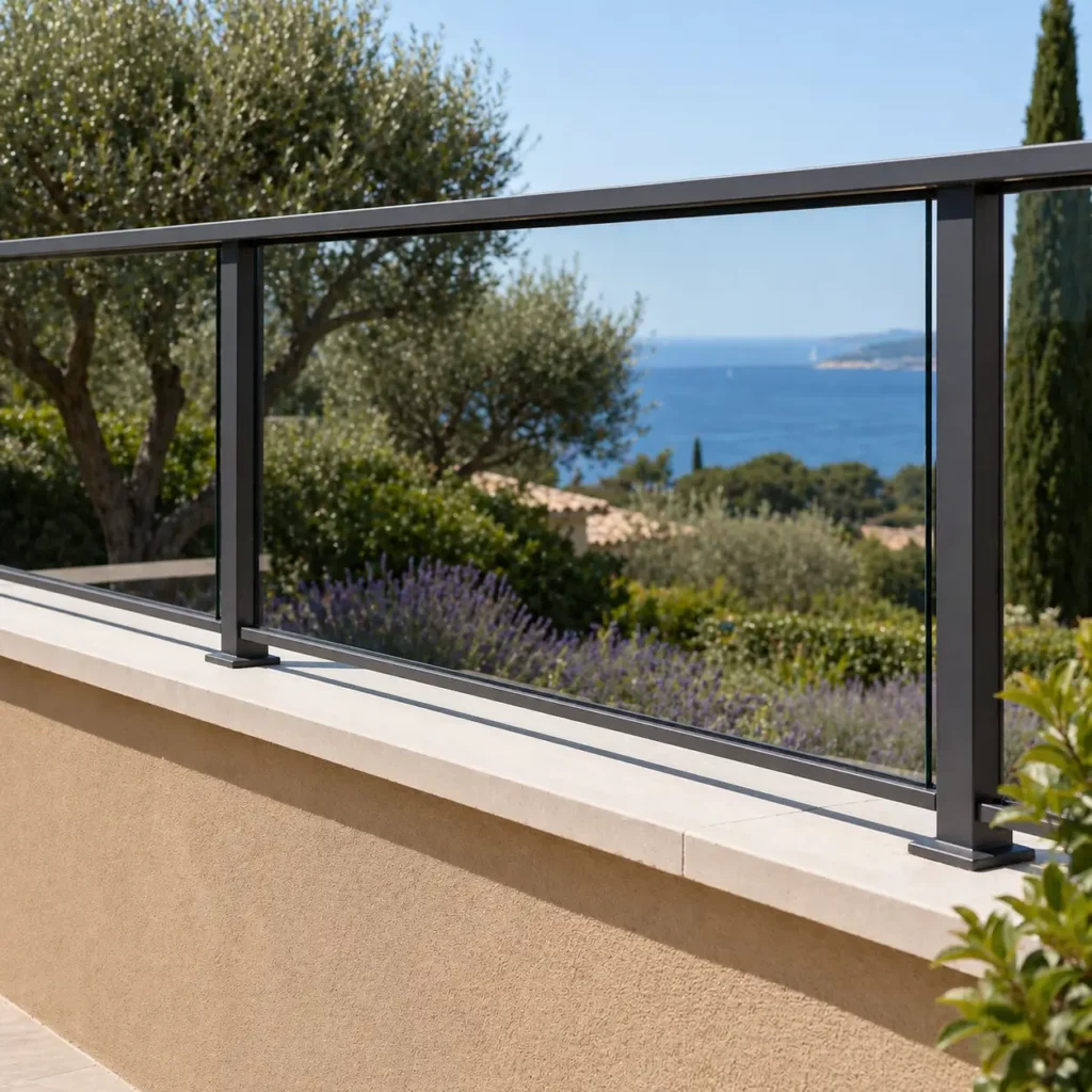 Installation d'un garde-corps en aluminium anthracite minimaliste avec panneaux vitrés, assurant la sécurité d'une terrasse avec vue sur mer dans le Var par Menuiserie Plus Concept. Cette solution offre une sécurité optimale sans occulter la vue et valorise le design prestigieux de votre propriété.