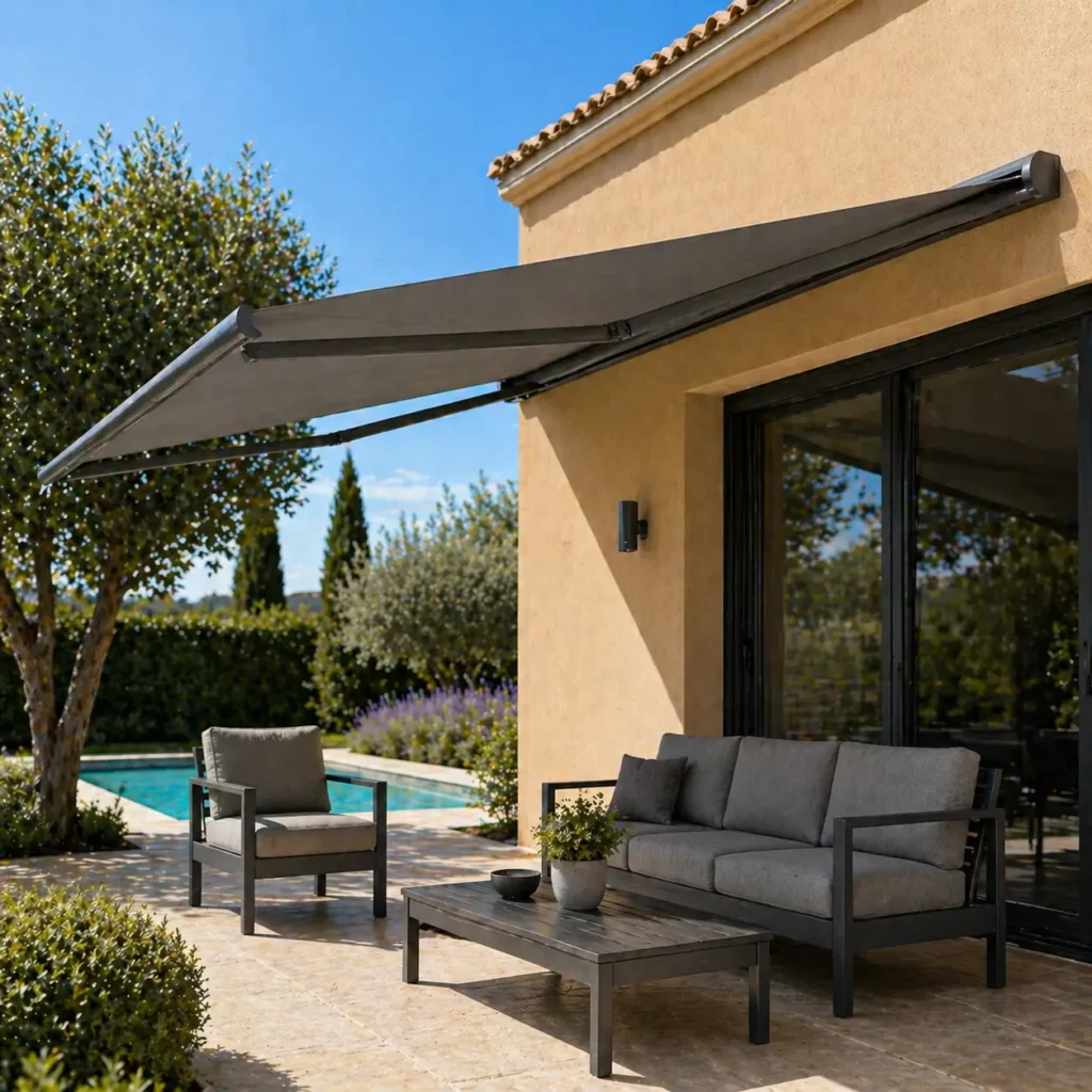 Installation d'un store banne coffre motorisé en toile technique anthracite par Menuiserie Plus Concept pour protéger une terrasse du soleil. Cette réalisation constitue une solution idéale pour moderniser l'image de votre extérieur tout en offrant un confort thermique optimal à votre villa dans le Var.