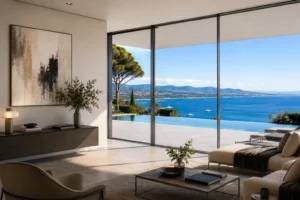 Grande baie vitrée coulissante à profilés invisibles offrant une vue panoramique sur la mer Méditerranée depuis un salon moderne à Saint-Tropez.