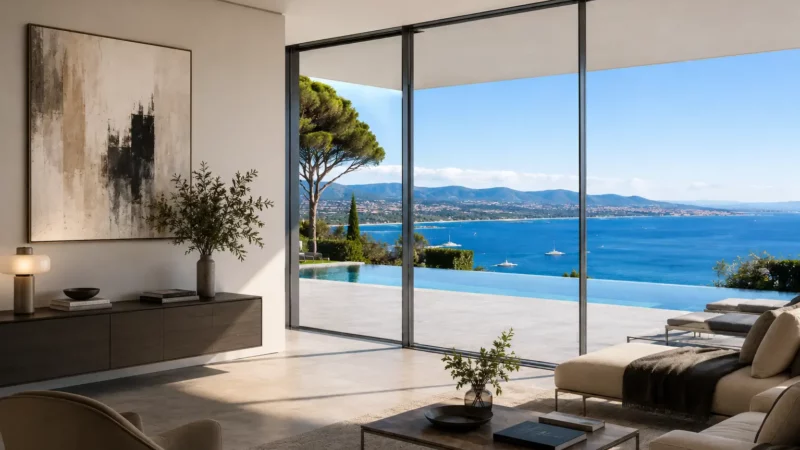 Grande baie vitrée coulissante à profilés invisibles offrant une vue panoramique sur la mer Méditerranée depuis un salon moderne à Saint-Tropez.