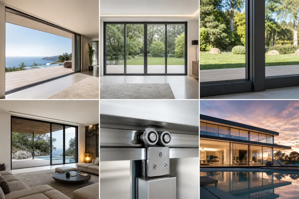 Grille de 6 photographies montrant des baies vitrées de grandes dimensions en aluminium et PVC, incluant des systèmes à galandage, des configurations à 4 vantaux et des finitions anthracite mat.
