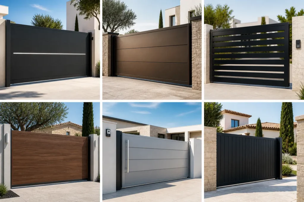 Une mosaïque de photographies d'architecture montrant six différents designs de portails coulissants en aluminium (plein, ajouré, tons bois, anthracite), séparés par de fines barres blanches pour illustrer les options de personnalisation.