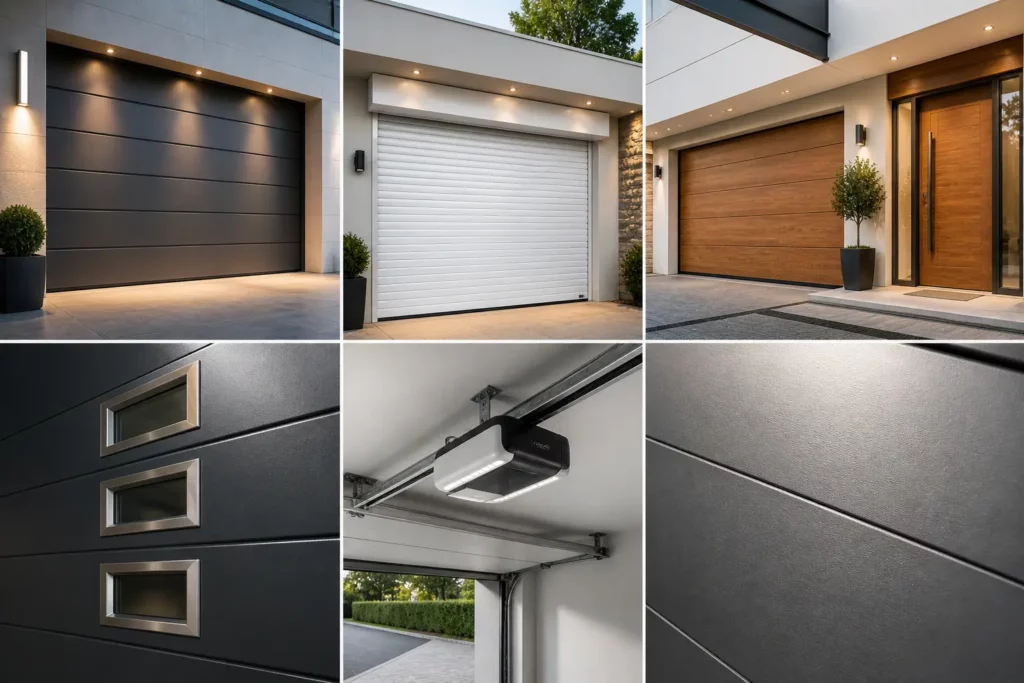 Grille de 6 photographies montrant différents modèles de portes de garage sur mesure : sectionnelle anthracite mat, enroulable compacte, finitions bois, hublots design et motorisation connectée.