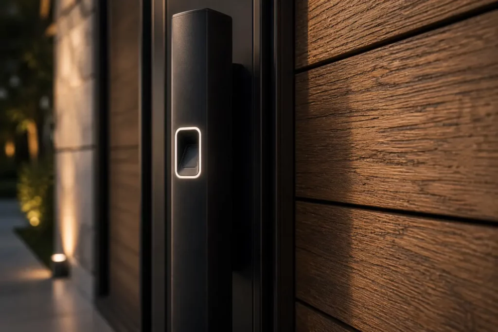 Détail technique pivot inox pour porte grande hauteur à Ramatuelle.