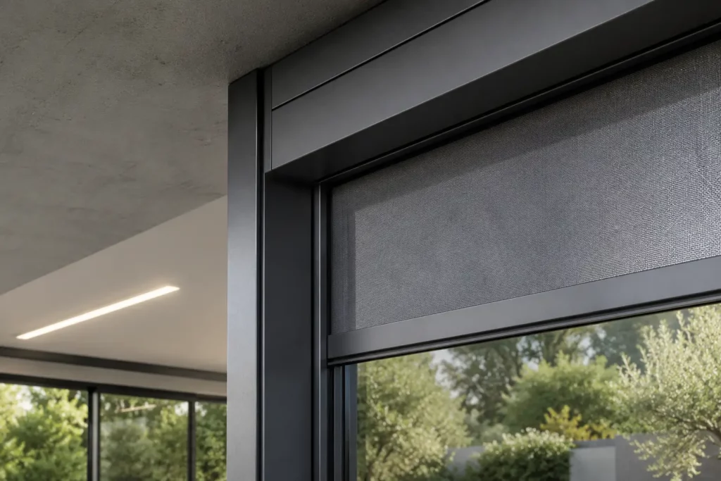 Zoom sur la coulisse d'un store vertical anthracite installé sur une fenêtre minimaliste, illustrant l'intégration parfaite des deux systèmes de protection.