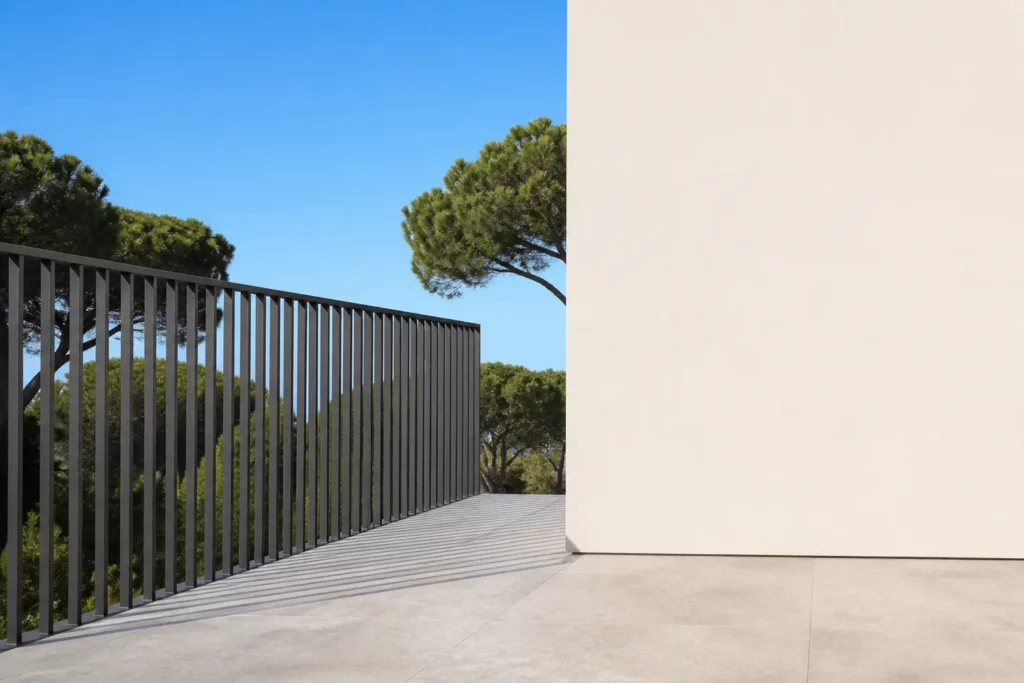 Garde-corps en aluminium gris anthracite avec barreaux verticaux fins, installé sur un balcon de villa contemporaine.