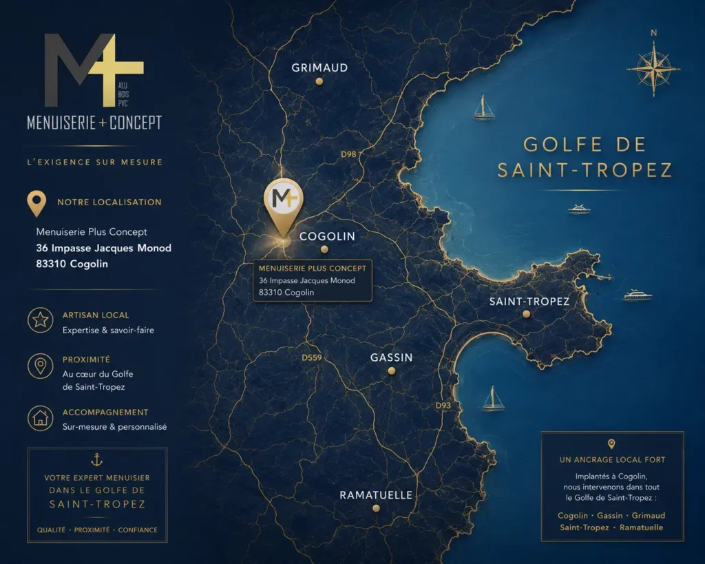 Carte stylisée du Golfe de Saint-Tropez mettant en évidence Cogolin et la zone d'intervention de l'entreprise.