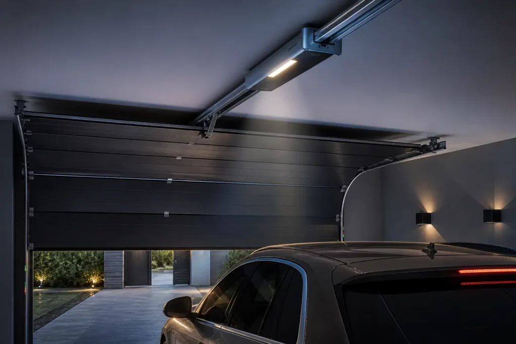 Détail de finition et motorisation porte de garage à Ramatuelle.