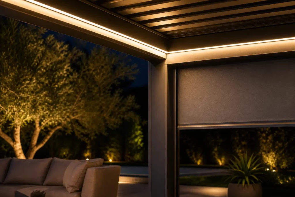 Détail nocturne d'une pergola équipée d'un éclairage LED intégré et d'un store latéral motorisé de type ZIP, offrant protection et ambiance chaleureuse.