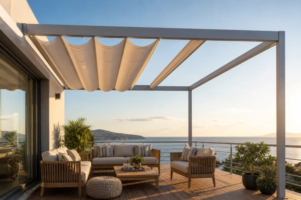 Aménagement de terrasse de luxe avec pergola à Ramatuelle.