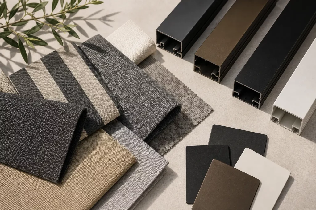 Composition d'échantillons de toiles acryliques et micro-perforées aux côtés de profilés en aluminium laqués dans diverses teintes RAL, mettant en avant le large choix de finitions pour stores extérieurs.