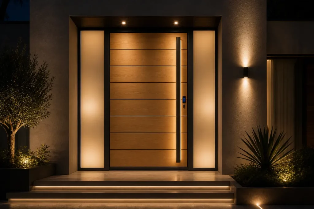 Porte d'entrée moderne en bois avec inserts horizontaux, cadre anthracite et longue poignée LED intégrée.