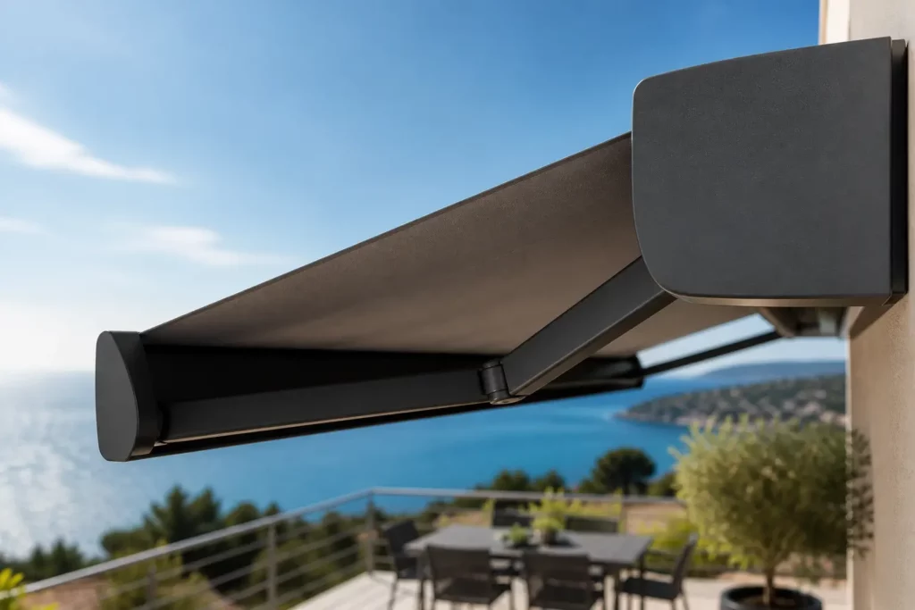 Store banne motorisé pour terrasse de luxe à Saint-Tropez.