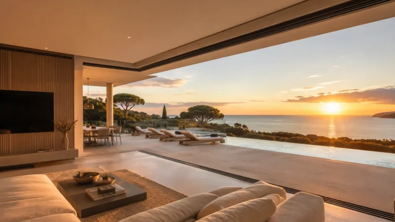 Installation d'une baie vitrée d'angle sans poteau maçonné dans une villa contemporaine à Saint-Tropez.