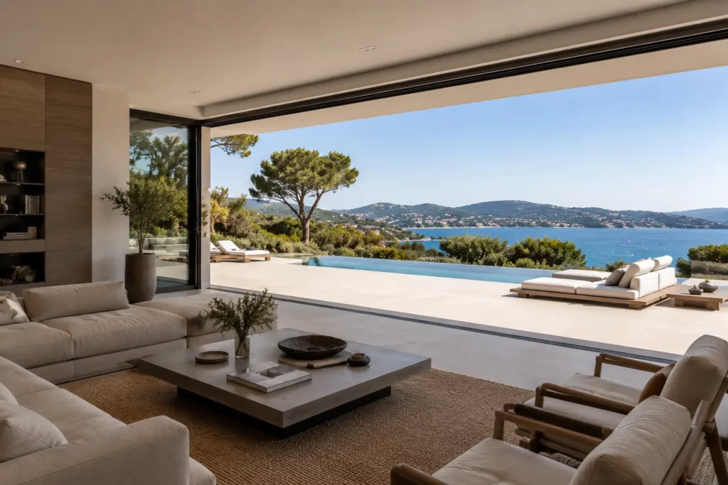 Salon de luxe ouvert sur l'extérieur grâce à une menuiserie d'angle minimaliste à Grimaud.