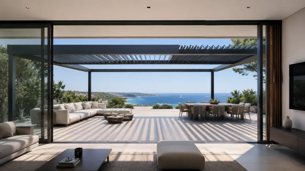 Intégration d'une pergola bioclimatique à lames rétractables devant les baies vitrées d'une villa.