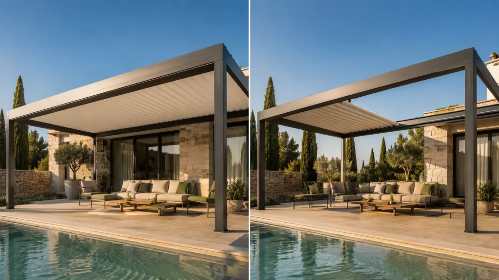 Avant-après de la pergola bioclimatique Marquises Open R sur une terrasse à Saint-Tropez, illustrant les lames rétractables empilées puis totalement fermées pour protéger le mobilier.