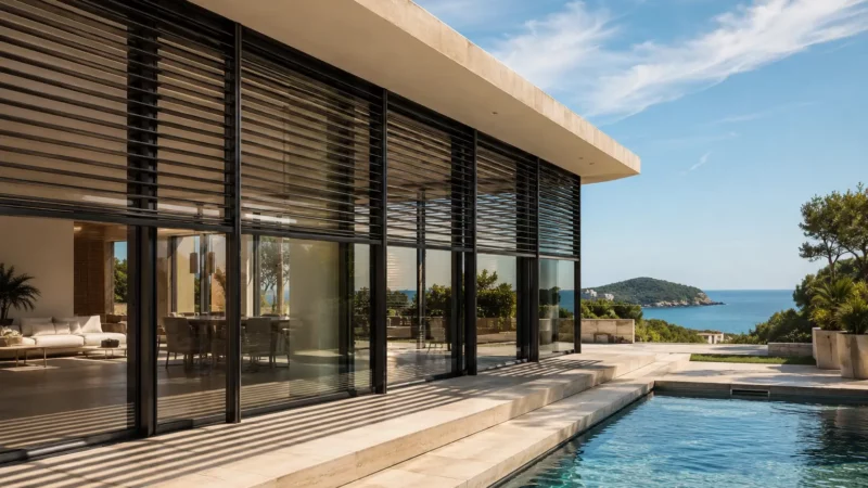 Installation de brise-soleil orientable BSO motorisé sur une villa contemporaine à Saint-Tropez dans le Var.