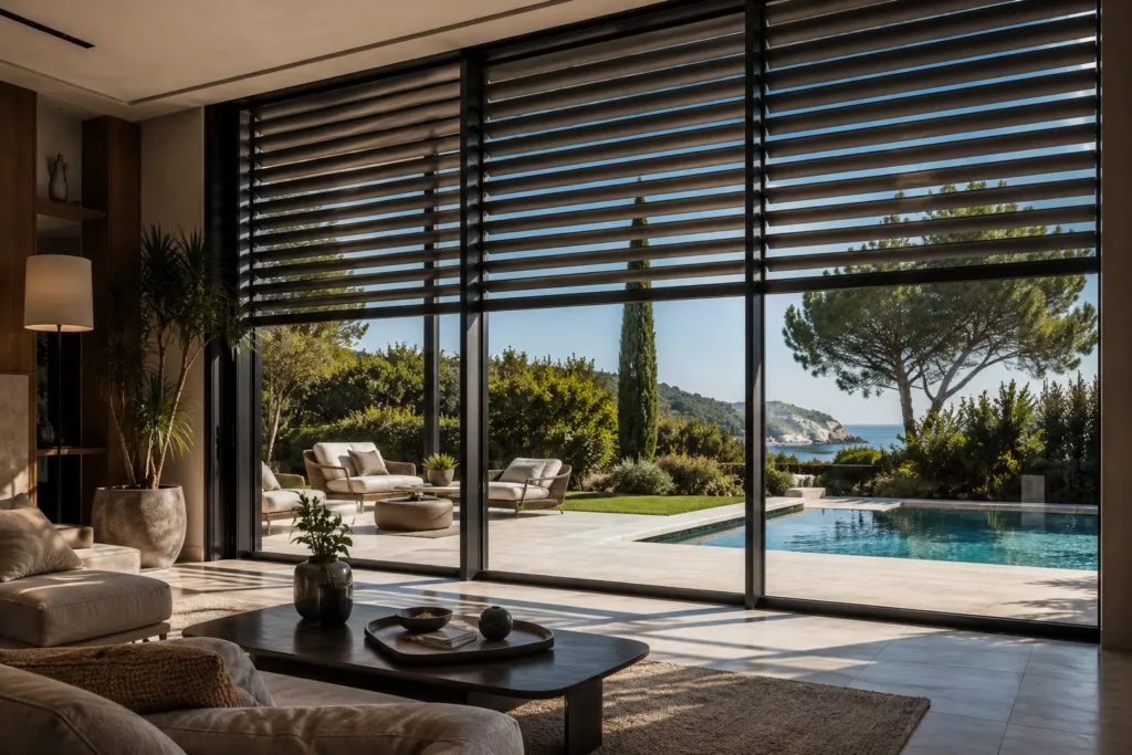 Vue intérieure depuis un salon protégé par un brise-soleil orientable préservant l'intimité