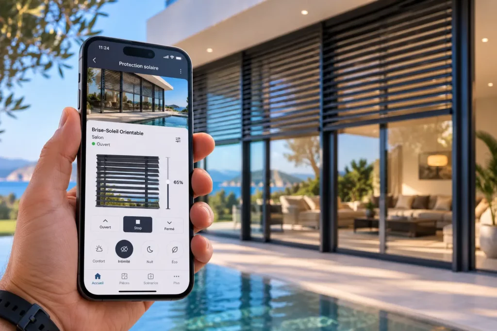 Pilotage domotique sur smartphone pour brise-soleil orientable avec capteur de vent