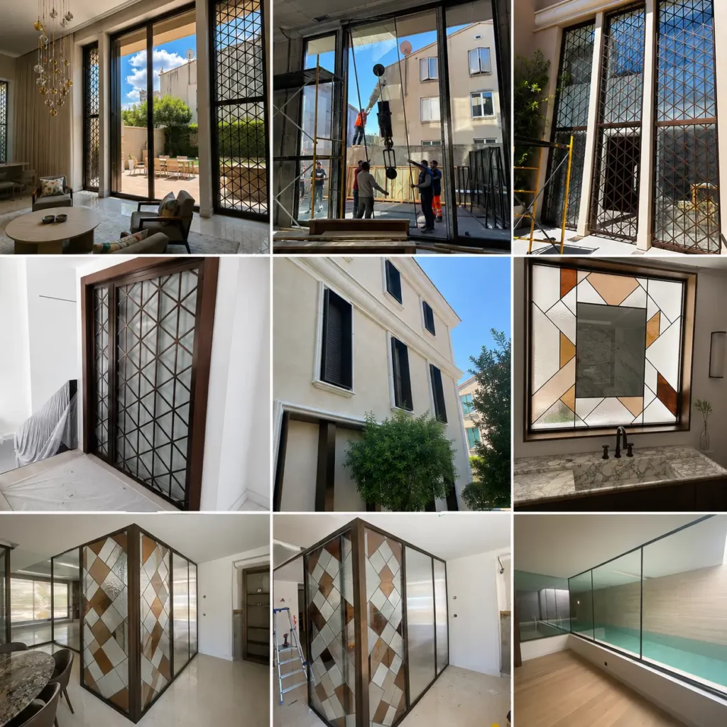 Pêle-mêle des réalisations de menuiserie de luxe de Menuiserie Plus Concept pour un hôtel particulier à Saint-Tropez : baies vitrées géantes motorisées, moulures en acier sur-mesure, cave à vin et travail d'équipe.