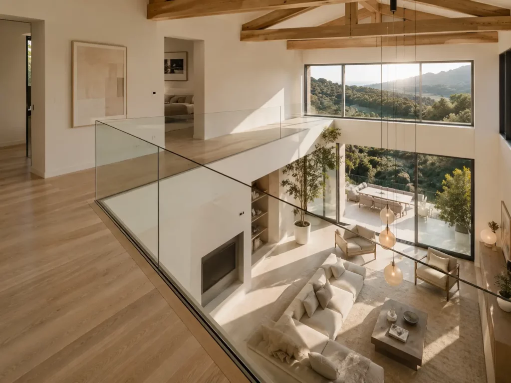 Mezzanine moderne avec garde-corps aluminium et verre encastré à Saint-Tropez