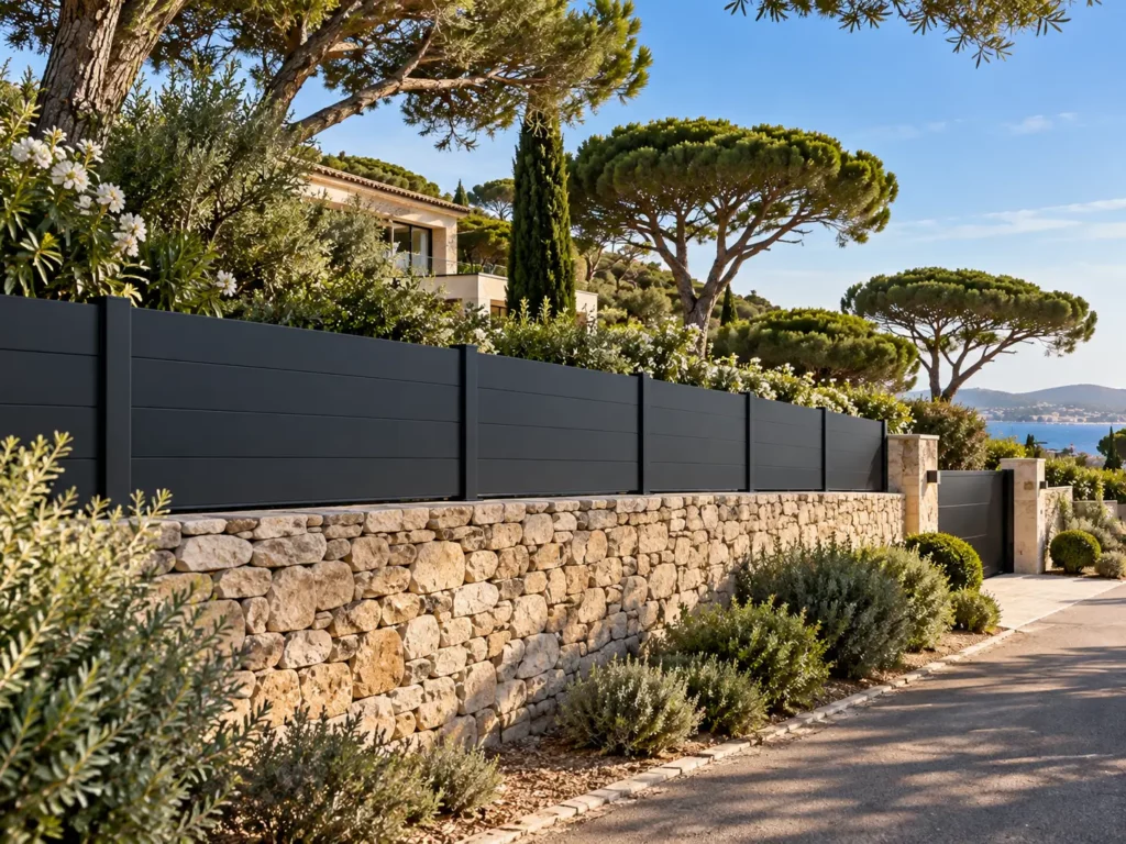 Clôture sur-mesure brise-vue en aluminium et mur en pierre de taille à Saint-Tropez
