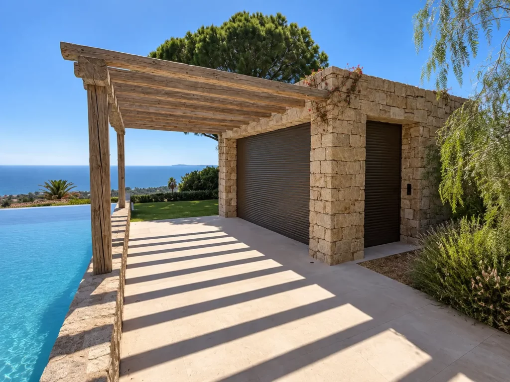 Pool house en pierre avec volets roulants bronze anodisé face à la mer à Saint-Tropez.