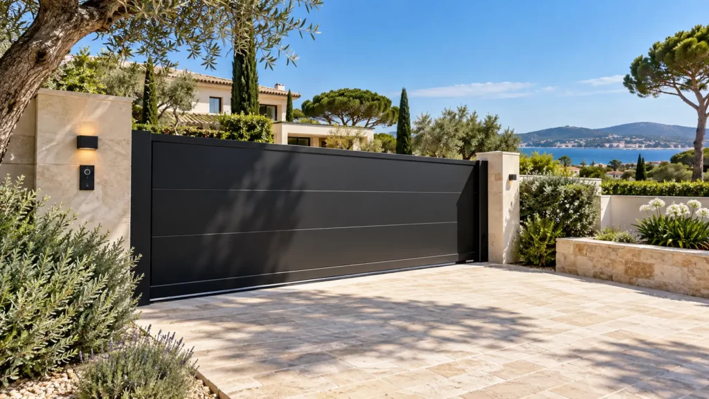 Portail et clôture sur-mesure en aluminium noir thermolaqué pour villa à Saint-Tropez