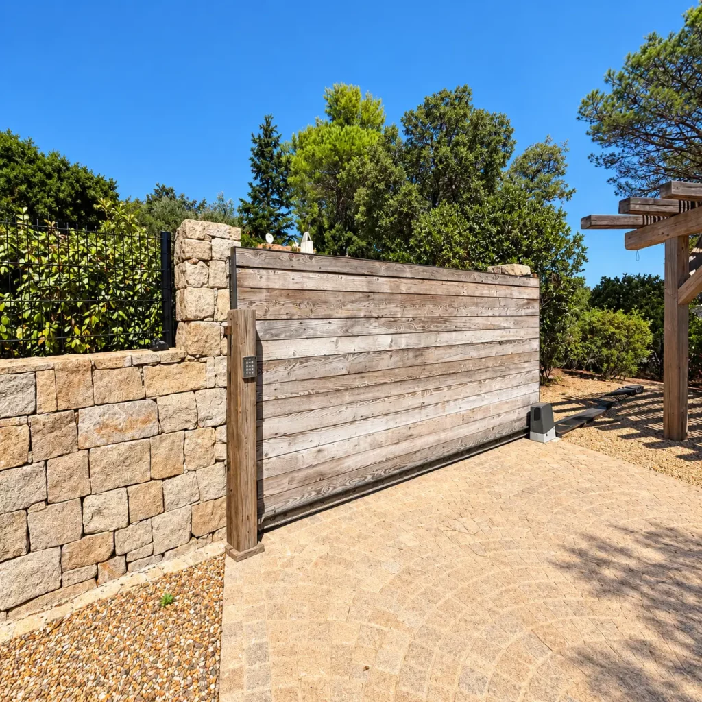 Pose d'un grand portail coulissant en bois par Menuiserie Plus Concept. Cette réalisation offre une sécurité optimale et un design minimaliste, valorisant l'image de votre propriété dans le Var et rassurant la clientèle de villas d'exception. Portail motorisé en mouvement, illustrant la domotique et la sécurité résidentielle.