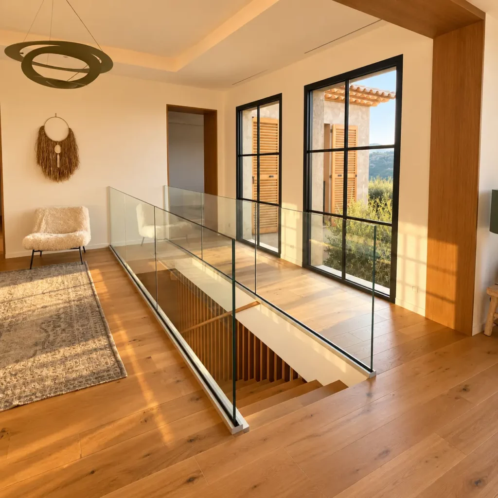 Installation d'un garde-corps en verre minimaliste assurant la sécurité d'un escalier par Menuiserie Plus Concept.