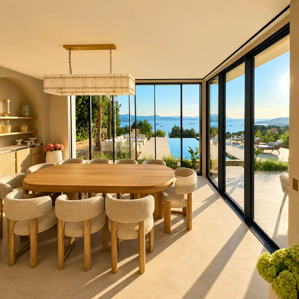 villa st tropez en construction vue du salon sur la mer double angle vitrée